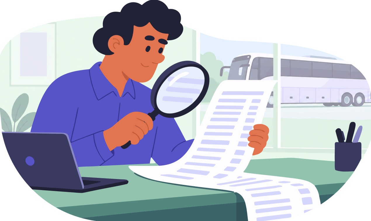 A bus operator reviewing an insurance policy with a magnifying glass